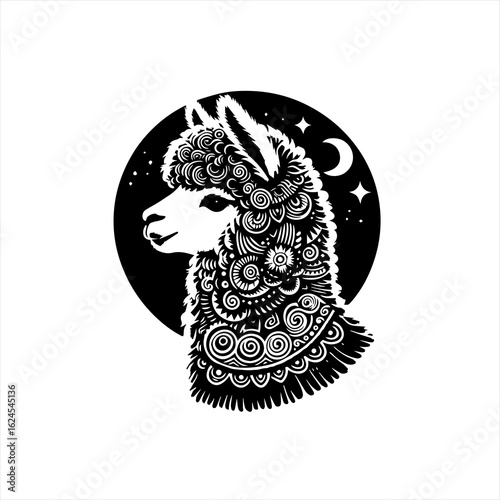 Alpaca head illustration with moon