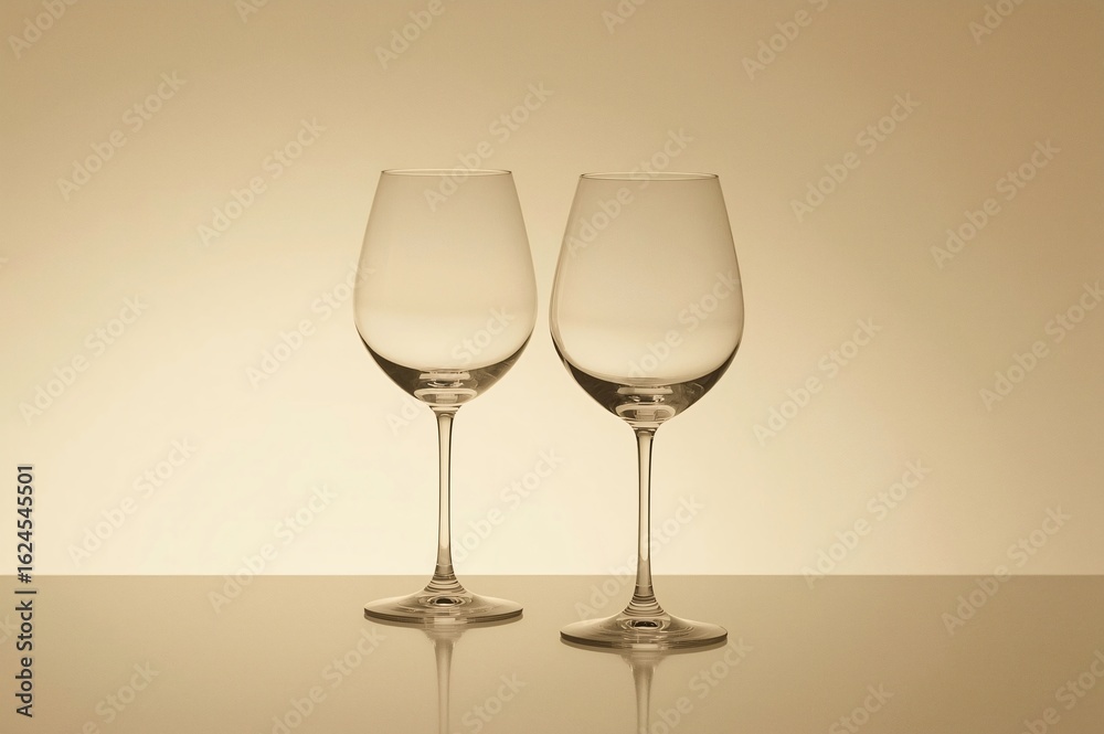 Two empty wine glasses on beige background, studio shot, for website design
