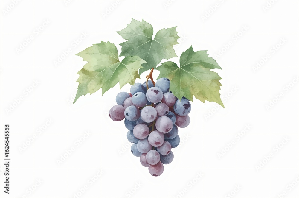 Obraz premium Watercolor Grapes Vine Leaves, Isolated, White Background, Food, Design