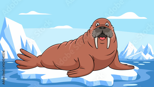 Vector SVG Illustration of a Walrus on Ice Floe in Flat Modern Style with Blue and Brown Colors