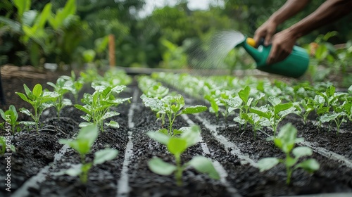A gardener watering rows of young plants in a backyard garden, emphasizing growth, sustainability, and nurturing nature.  