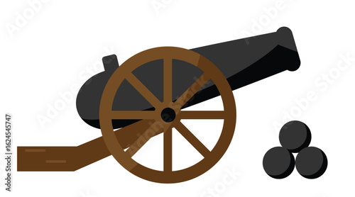 A Cannon with Cannonballs Flat Style Isolated on White. Vintage historical weapons concept vector art