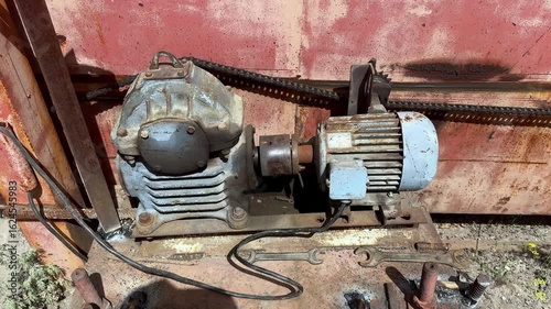 Close-up of working old, rusty industrial electric motor and gearbox with a robust chain drive mechanism, illustrating vintage machinery or repair concepts.