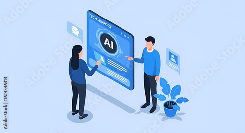 Two people interacting with a futuristic AI interface on a large screen, highlighting the concept of artificial intelligence and technology.