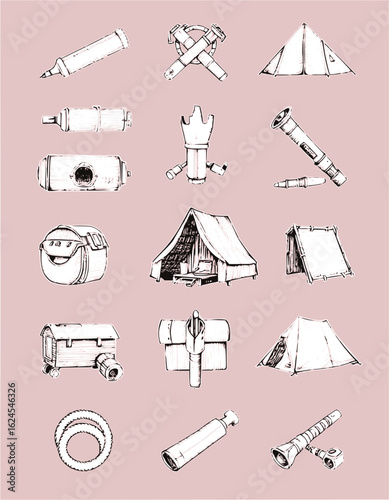 Illustration of camping gear with tents, telescopes, and other outdoor equipment on a pink background
