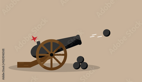 Flat Style Cannon Shooting with a Cannonball. Vintage historical weapons concept vector art