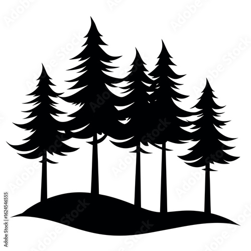 Set of 5 windswept pine trees silhouette isolated on white background