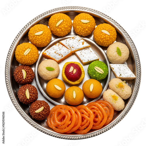Assorted indian sweets platter: laddu, jalebi, and more