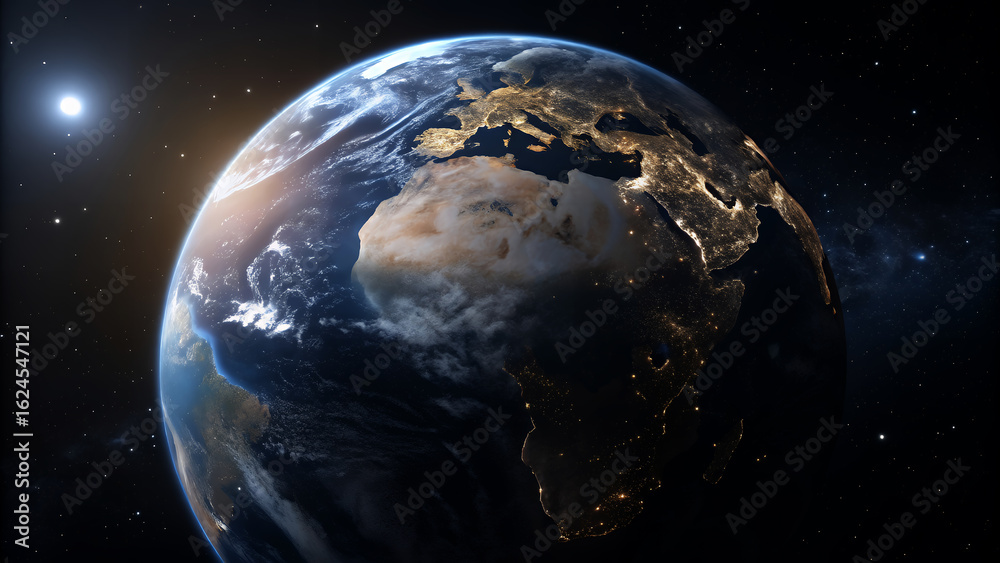 Naklejka premium Detailed view of Earth planet seen from space provides a powerful visual for global business presentations and technology themes.