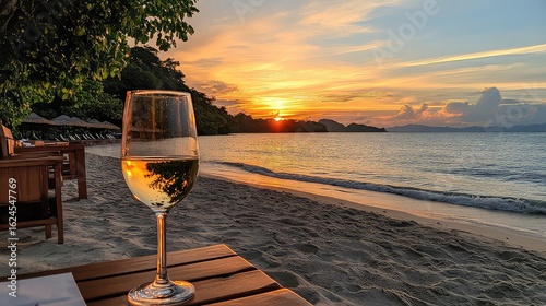 A glass of white wine sits on beach sand at sunset, offering a relaxing moment by the tropical shore. 