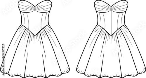 Technical flat sketch of a women's strapless party dress with a sweetheart neckline and gathered skirt, a fashion design vector illustration.
