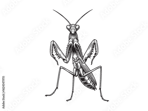 Engraved praying mantis with detailed limbs for sharp insect branding and nature-inspired packaging design
