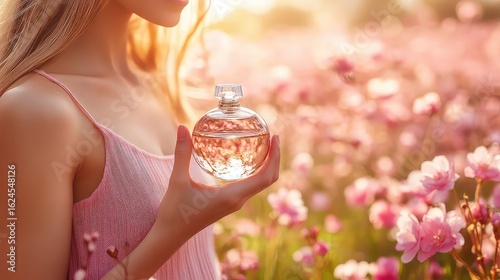 A glass perfume bottle on a wooden table, surrounded by pink flowers and warm sunlight, evoking elegance and romance. 