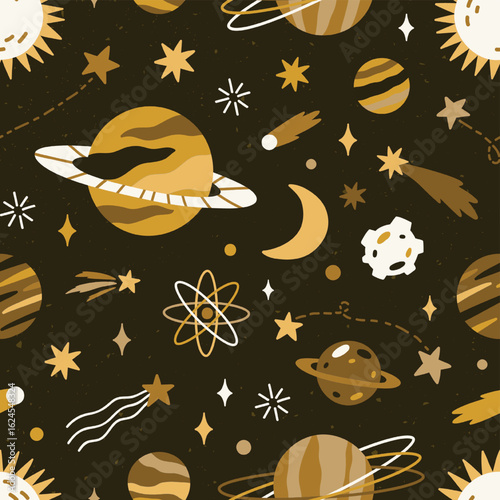 Seamless space pattern with planets, stars, comets, and moon in cartoon style on a dark background