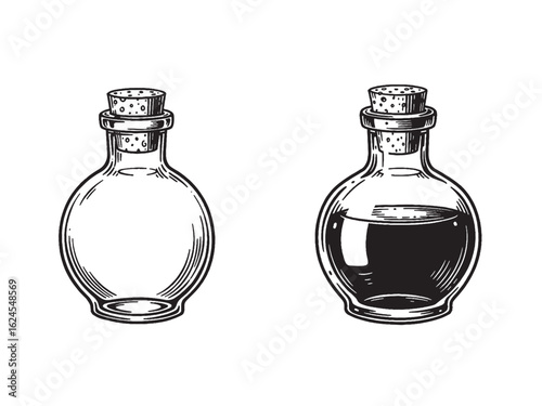 Engraved vintage apothecary bottle with cork used for herbal labels and traditional medicine packaging