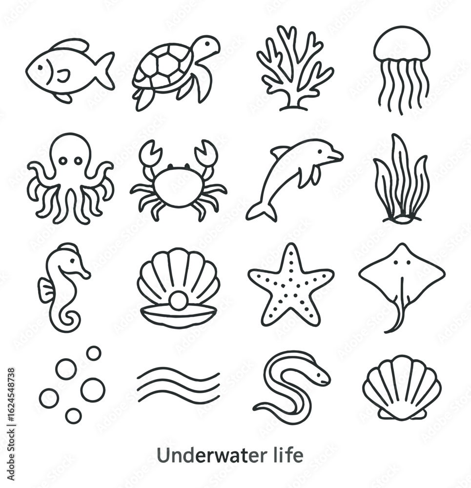 Naklejka premium Underwater life icons: fish, turtle, coral, jellyfish, octopus, crab, dolphin, seaweed