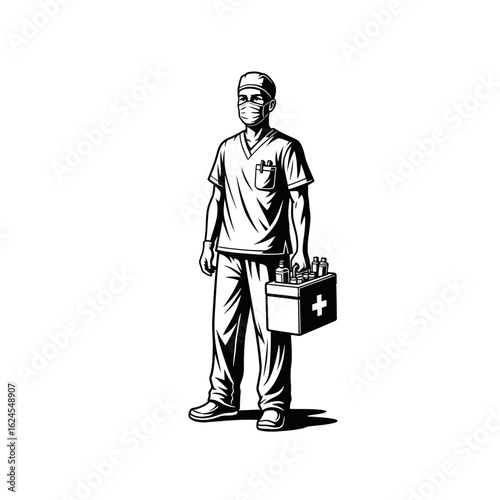 black and white doctor holding medical kit clip art preview