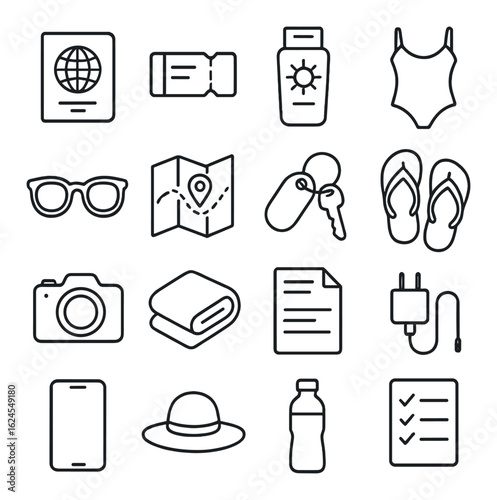 Travel essentials icons: passport, camera, map, sunglasses, charger, sunscreen, swimsuit, checklist