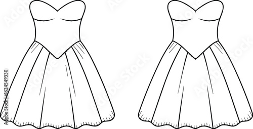 Technical flat sketch of a women's strapless party dress with a sweetheart neckline and gathered skirt, a fashion design vector illustration.