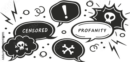 Doodle style speech bubbles with censored and profanity symbols isolated on transparent background