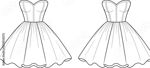 Technical flat sketch of a women's strapless party dress with a sweetheart neckline and gathered skirt, a fashion design vector illustration.