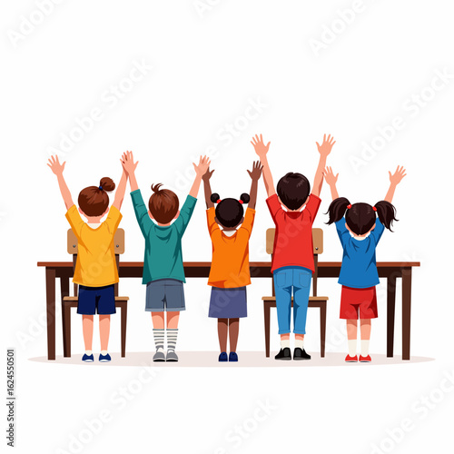 Group of children raising hands at a classroom table  