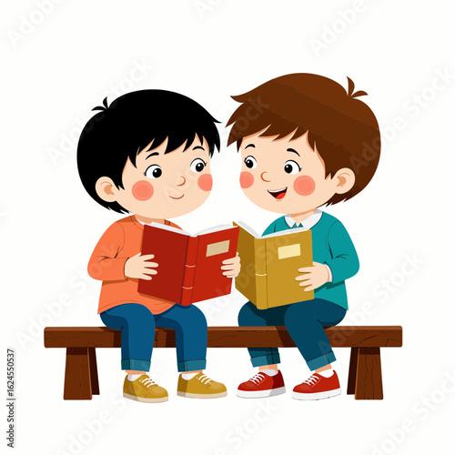 Two young boys reading books together on wooden bench  