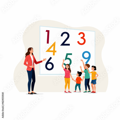 Teacher instructing children on numbers in classroom setting  