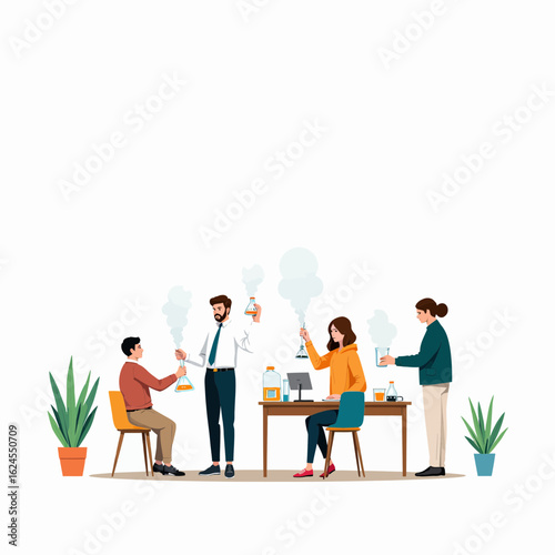 Group of scientists conducting experiments in laboratory with beakers  