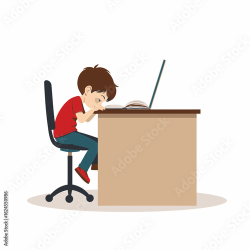 Young boy slumped over desk while studying with laptop and book  