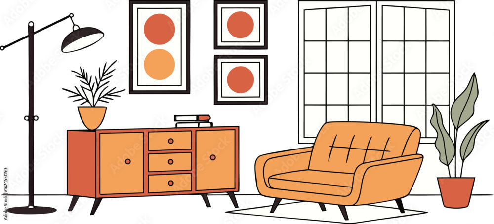 Fototapeta premium Cozy mid century modern living room scene with armchair and cabinet isolated on transparent background