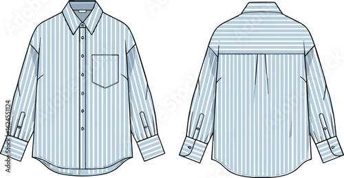 Technical flat sketch of a women's striped button-down shirt with a collar and long sleeves, an apparel design vector illustration.