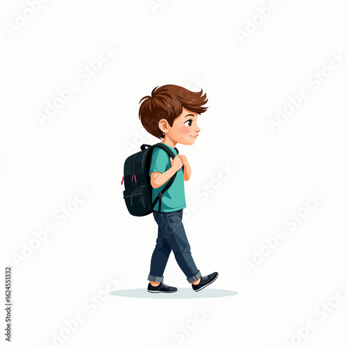 Young boy walking with backpack in casual clothing  