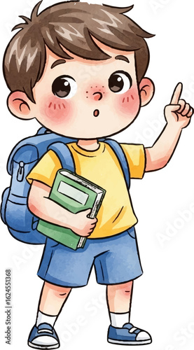 Cute Schoolboy with Backpack and Book