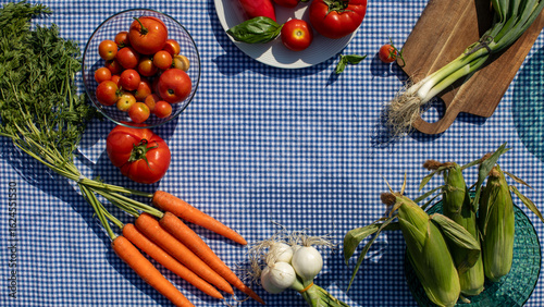 Canvas Print Harvest symphony on gingham stage; vibrant heirloom tomatoes, crisp carrots, env