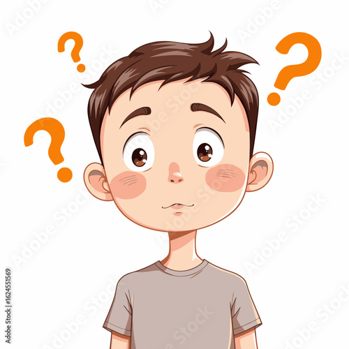 Cartoon boy looking confused with question marks on white background  