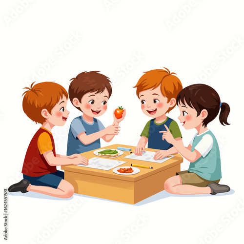 Four children playing and sharing snacks at a wooden table  