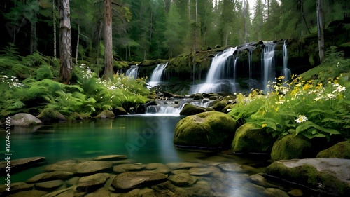 Lush forest waterfall cascading into a serene emerald pool