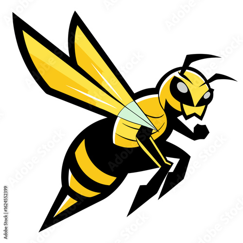 Yellow and black hornet in mid-sting with reflective armor and angular sports badge