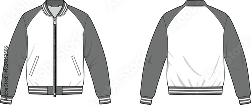 CAD drawing flat vector illustration, varsity jacket front and back view, bomber jacket fashion sketch, technical outerwear design template