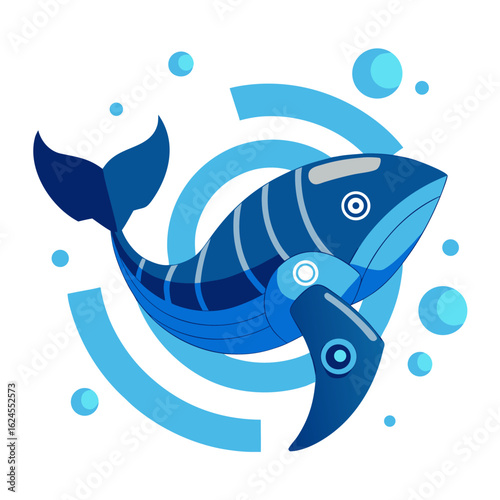 Digitally armored whale with cyber bubbles and spiral wave pattern in oceanic palette