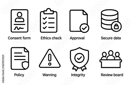 Research Ethics Icons. Outline icon set of research ethics and compliance: consent form, ethics checklist,