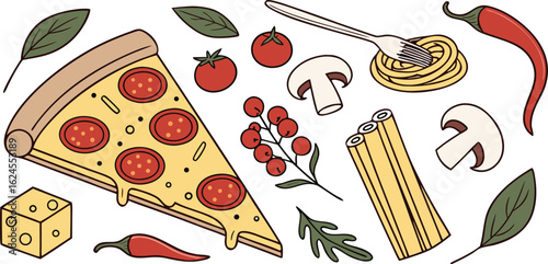Delicious italian food ingredients featuring pizza slice and pasta isolated on transparent background