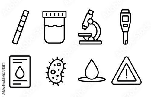 Water Testing Tools Icons. Outline icon set of water testing tools: test strip, sampling jar, microscope, pH