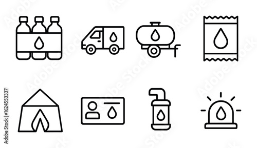 Emergency Water Relief Icons. Outline icon set of emergency water relief: bottled water pack, aid truck,