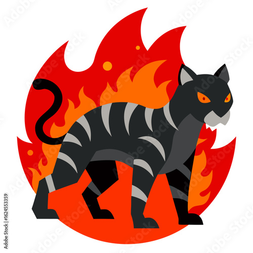 Magma-veined ancient predator with red foliage and blazing stripe-filled backdrop
