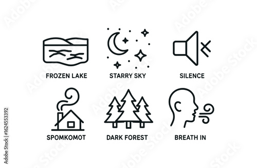 simple outline stroke icon items winter solstice (northern mood): frozen lake starry sky silence smoke from chimney dark forest breath cold monoline icons style isolated on white background