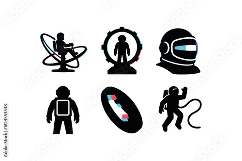 six different glitch effect illustration isolated on white backgorund astronaut training centrifuge astronaut docking port astronaut visor anti glare astronaut jetpack unit astronaut