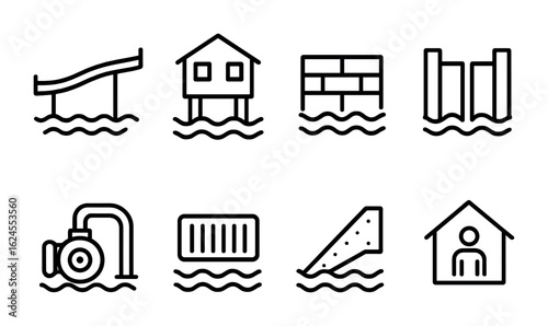 Flood-Resilient Design Icons. Outline icon set of flood-resilient architecture: raised walkway, stilts