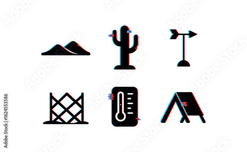 six different glitch effect illustration isolated on white backgorund desert sand dune model desert cactus specimen desert wind vane desert stabilization mesh desert temperature logger